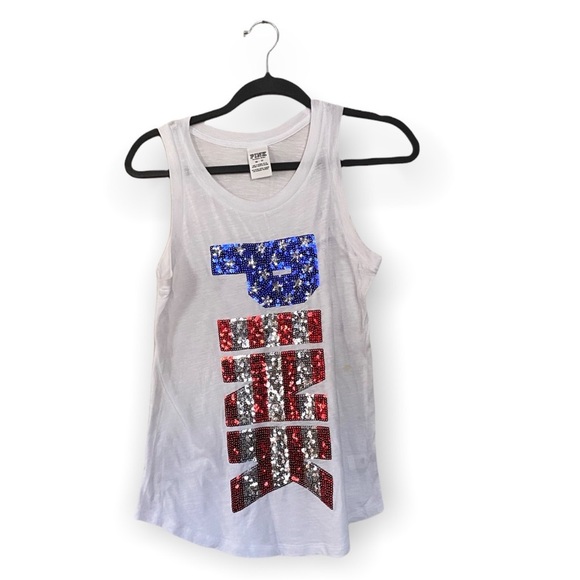 PINK Victoria's Secret Tops - PINK Victoria’s Secret American Flag Red White Blue Bling Sequins Tank Top XS